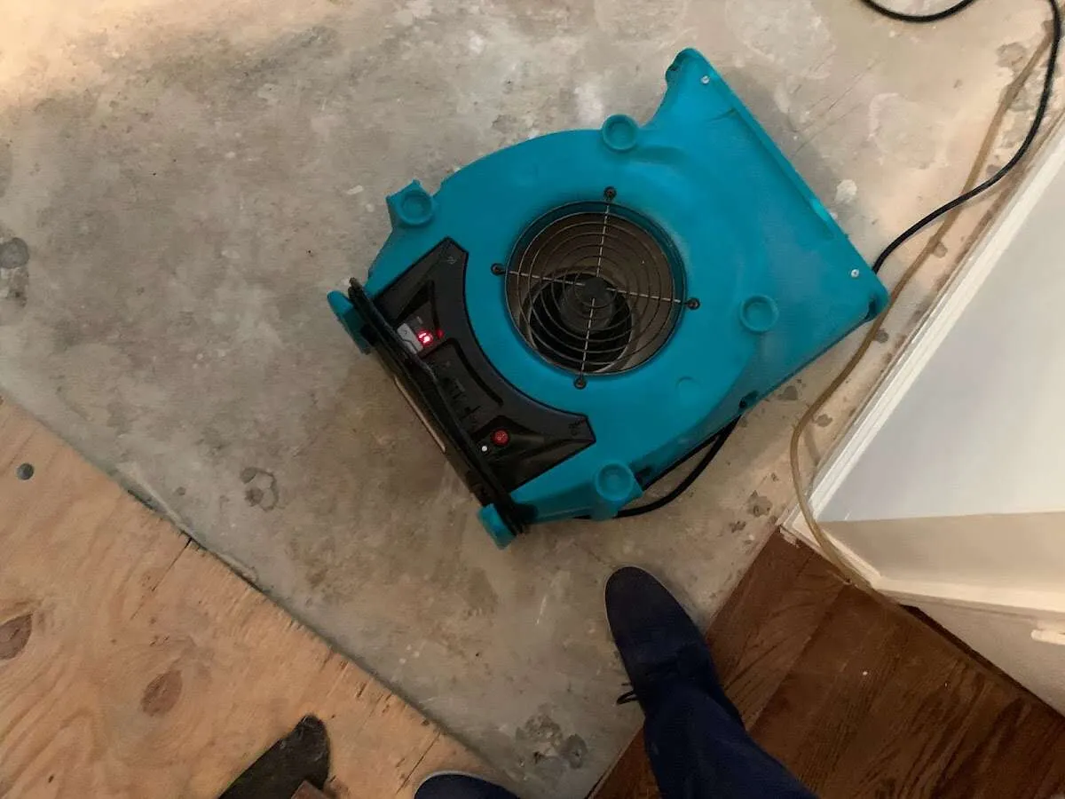 Air mover drying subfloor during Commercial Water Damage Restoration in Stoneham